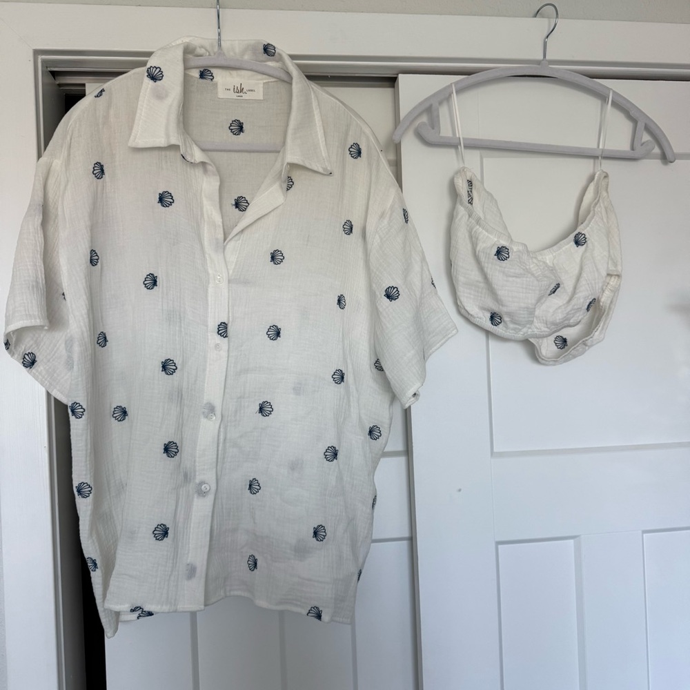 ISH White Short Sleeve Top with Navy Shell Embroidery - matching tube top